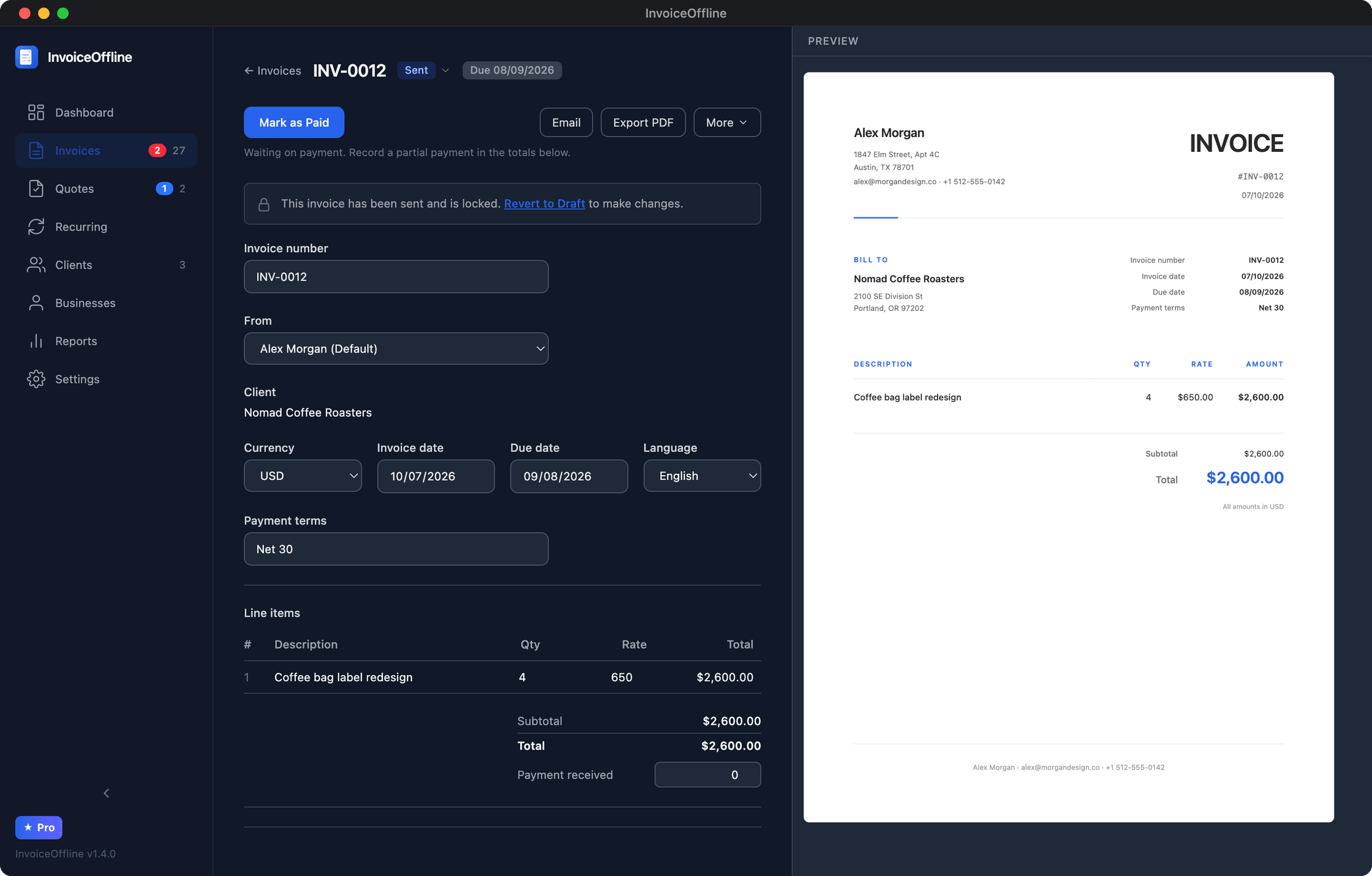 InvoiceOffline desktop app showing the invoice editor with a live PDF preview on macOS