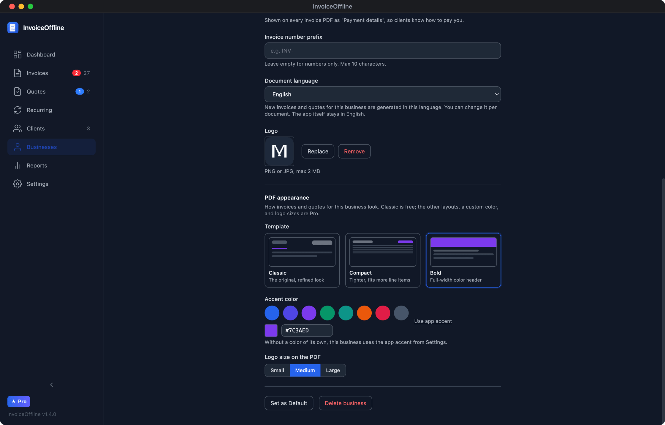 InvoiceOffline business settings showing PDF template choices, accent colors, and logo size options